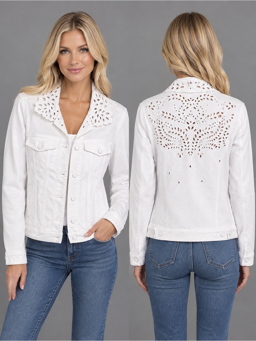 7 For All Mankind White Eyelet Lace Collar Denim Stretch Jacket Size M